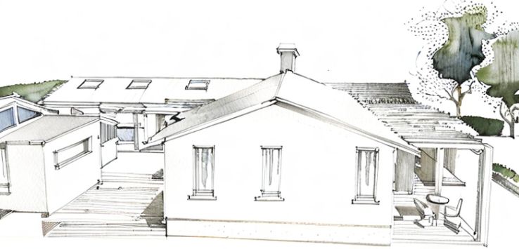 Hand sketch of a white gabled house with a courtyard